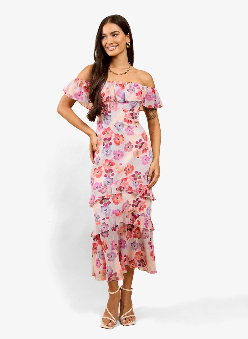 Little Mistress Floral Bardot Midi Dress - Image 1